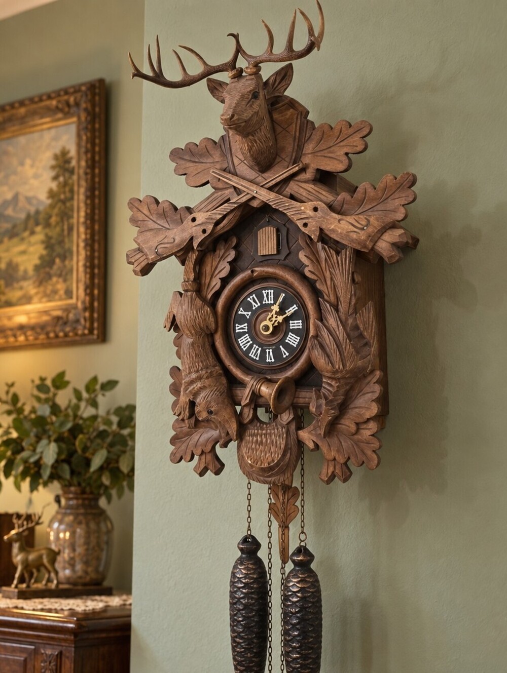 Vintage German Cuckoo Clock Hand Carved Hunting Deer Rabbit Pine Cone Weights